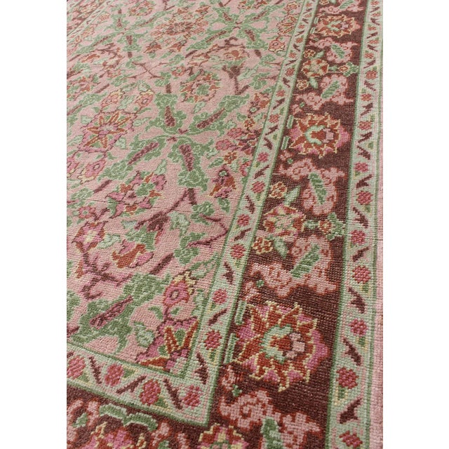 Textile Pink, Ivory, Mocha Brown and Green Floral Design Mid-Century Turkish Oushak Rug For Sale - Image 7 of 9