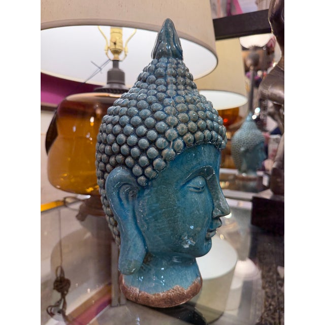 Blue Blue Crackle Glaze Pottery Thai Buddha Sculpture For Sale - Image 8 of 8