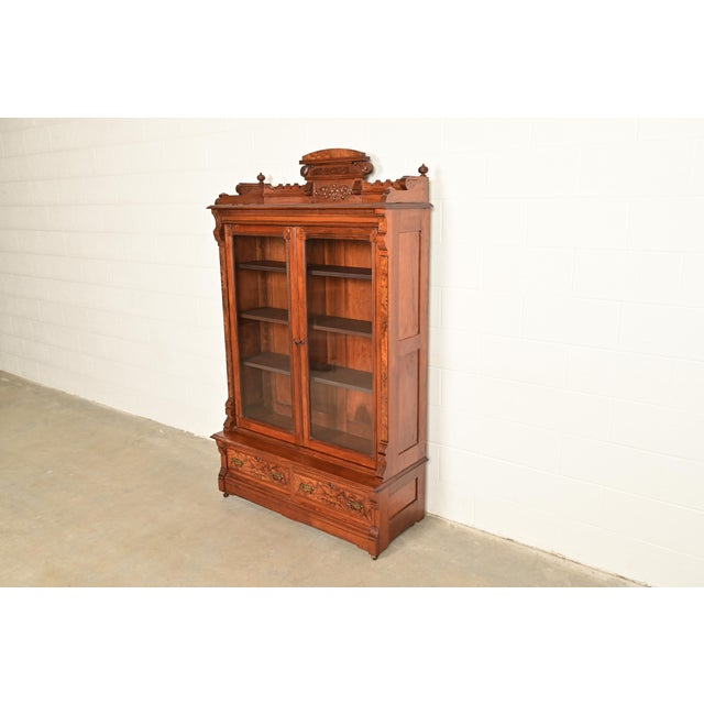 Victorian Herter Brothers Style Antique Eastlake Victorian Carved Burled Walnut Bookcase, Circa 1880s For Sale - Image 3 of 13