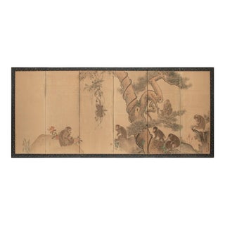 Meiji Era After Mori Sosen "Ten Monkeys and Pine Tree" XL Antique Japanese Byobu Screen For Sale