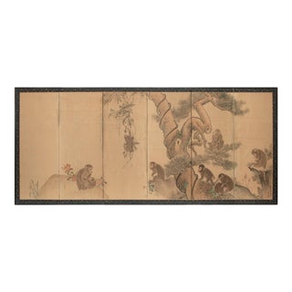 XL Meiji Era After Mori Sosen "Ten Monkeys and Pine Tree", Antique Japanese Byobu Screen For Sale