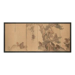 XL Meiji Era After Mori Sosen "Ten Monkeys and Pine Tree", Antique Japanese Byobu Screen