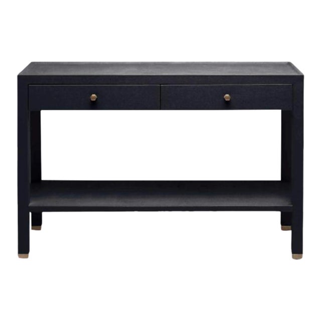 Two Tier Black Linen Console With Brass Detail For Sale