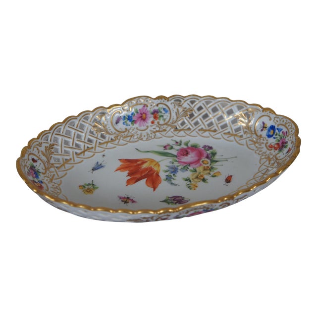 Antique Meissen Reticulated Floral Insect Porcelain Oval Basket Dish For Sale