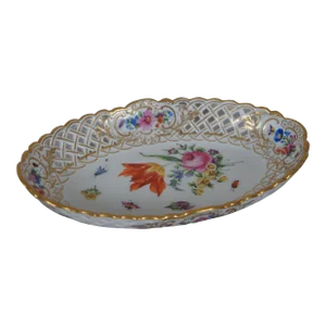Antique Meissen Reticulated Floral Insect Porcelain Oval Basket Dish