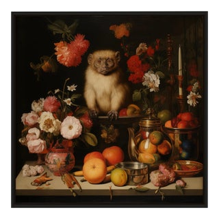 Framed 32' X 32' Collector Fine Art Print 'Still Life With Fruits, Flowers and Monkey' For Sale