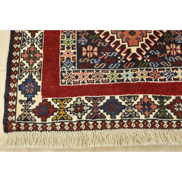 Yalameh Rug 3'5'' X 4'11'' Red Wool Vintage Tribal Hand-Knotted Oriental Carpet For Sale - Image 9 of 12