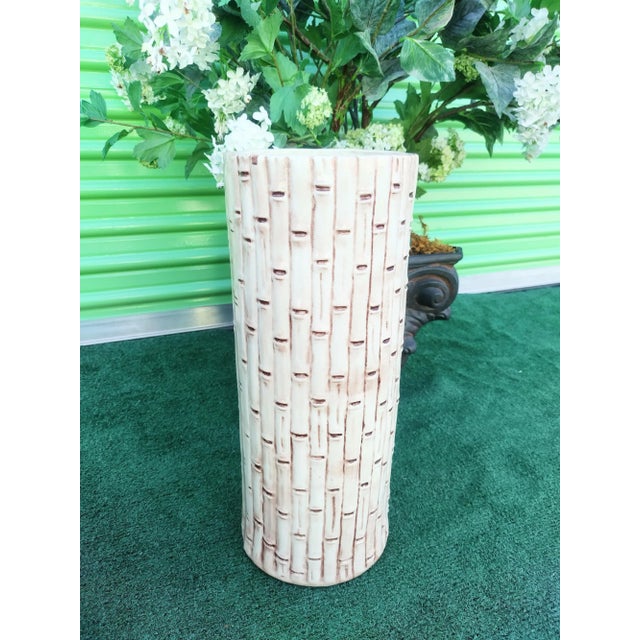 1970s Vintage Ceramic Faux Bamboo Off White Tan Umbrella Stand Holder For Sale - Image 5 of 6