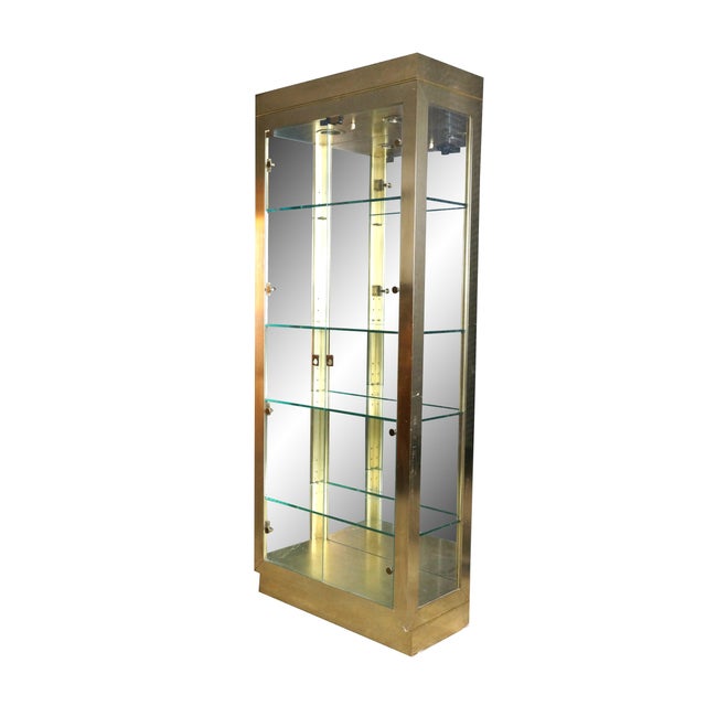 Mid-Century Modern Vintage Hollywood Regency Brass & Glass Curio Display Cabinet Vitrine MCM 80" For Sale - Image 3 of 18