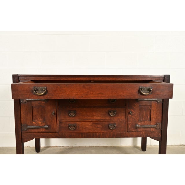 Brown Stickley Brothers Antique Mission Oak Arts & Crafts Strap Hinge Sideboard, Circa 1910 For Sale - Image 8 of 16