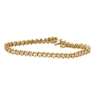 Solid 14k Yellow Gold Estate Natural Diamond Tennis Bracelet | Box Clasp Closure For Sale
