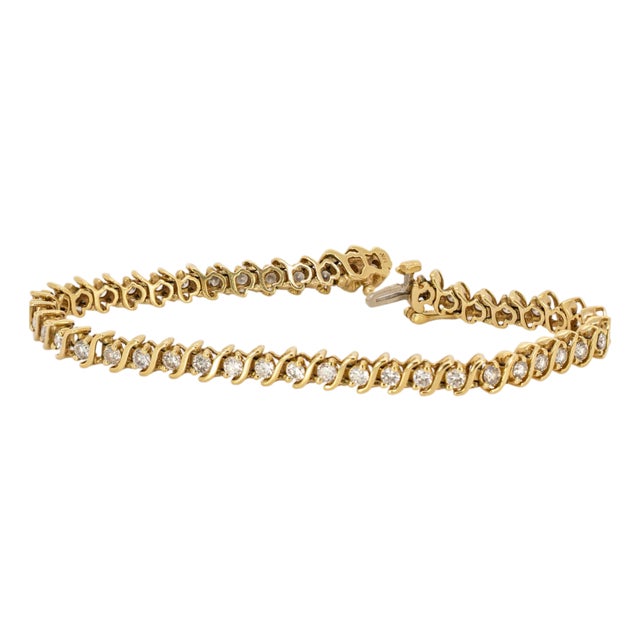 Solid 14k Yellow Gold Estate Natural Diamond Tennis Bracelet | Box Clasp Closure For Sale