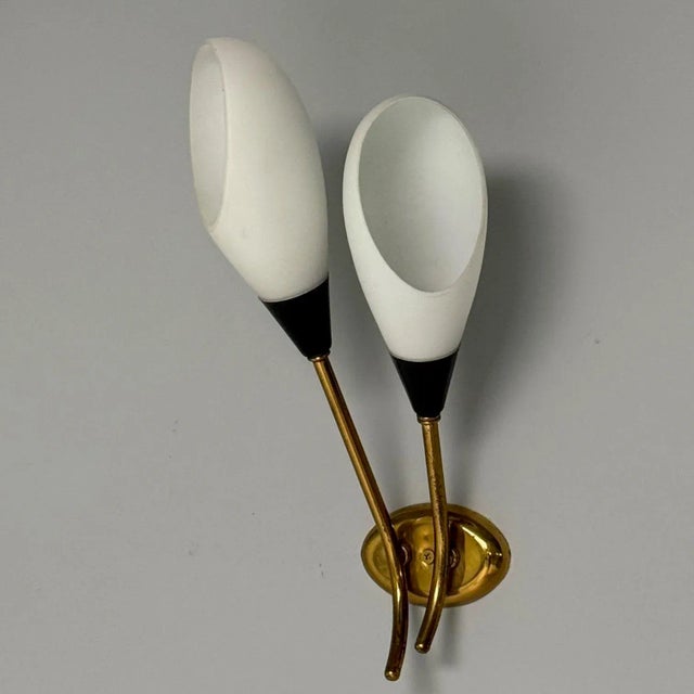 1950s Italian Mid-Century Modern, Wall Sconces, Patinated Brass, Opaline Glass, Italy, 1950s For Sale - Image 5 of 11