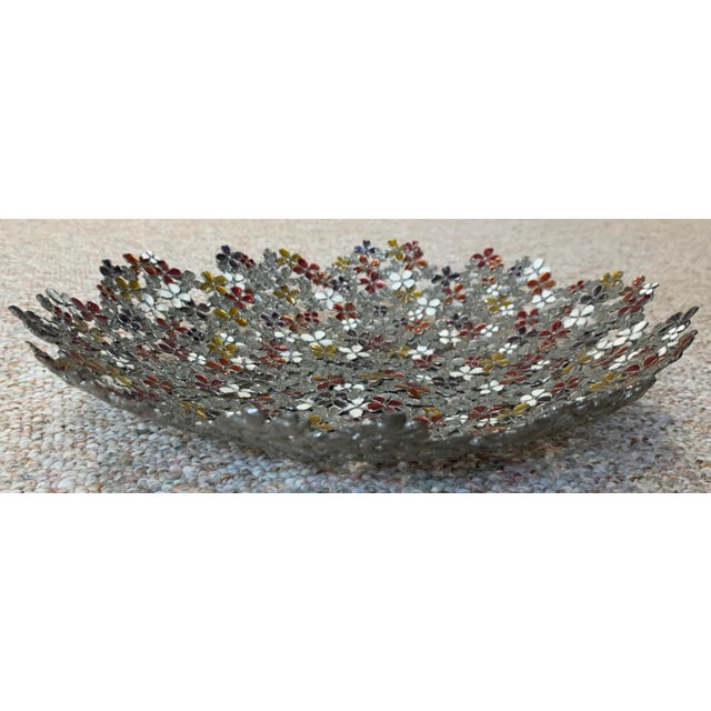 Vintage Pierced Metal Grillwork Bowl with multi-colored painted little flowers.