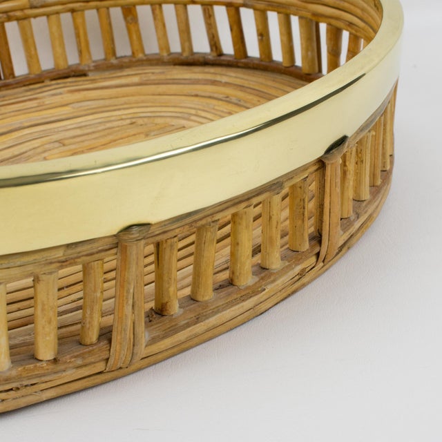 Rattan Bamboo Wicker and Brass Bowl Basket Centerpiece, Italy 1960s For Sale In Atlanta - Image 6 of 9