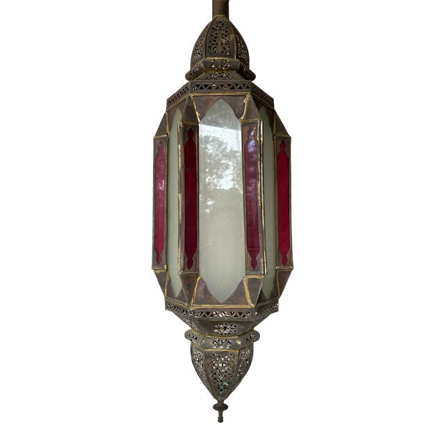 Moroccan Moorish Large Solid Brass Pendant Lantern Light With Red and White Glass For Sale