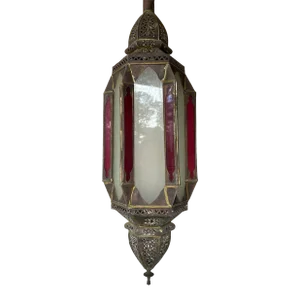 Moroccan Moorish Large Solid Brass Pendant Lantern Light With Red and White Glass