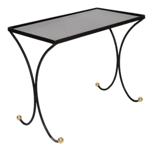 French Mid-Century Modern Black Wrought Iron & Brass Side Table Black Glass Top