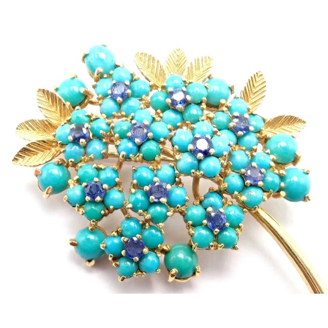 Contemporary Mid 20th Century Tiffany & Co. Yellow Gold Turquoise Sapphire Pin Brooch For Sale - Image 3 of 8