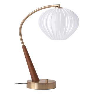 Boomerang Table Lamp, Modern Dark Walnut/Brass, Sphere White Satin Shade For Sale
