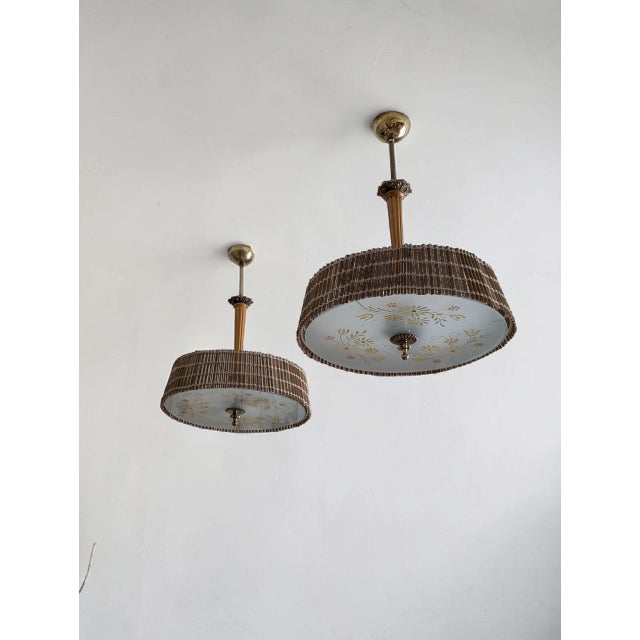 1940s Pendant Lights attributed to Paavo Tynell with Hand-Painted Glass Diffusers attributed to Kyllikki Salmenhaara for Taito Oy, Finland, 1940s, Set of 2 For Sale - Image 5 of 18