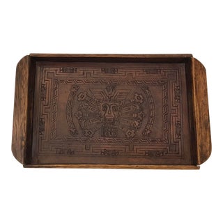 Vintage Wooden Tray With Tooled Leather Liner For Sale