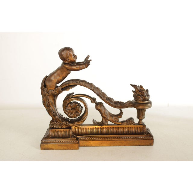 French Louis XV Style Antique Bronze Pair of Cherub Andirons For Sale - Image 12 of 18