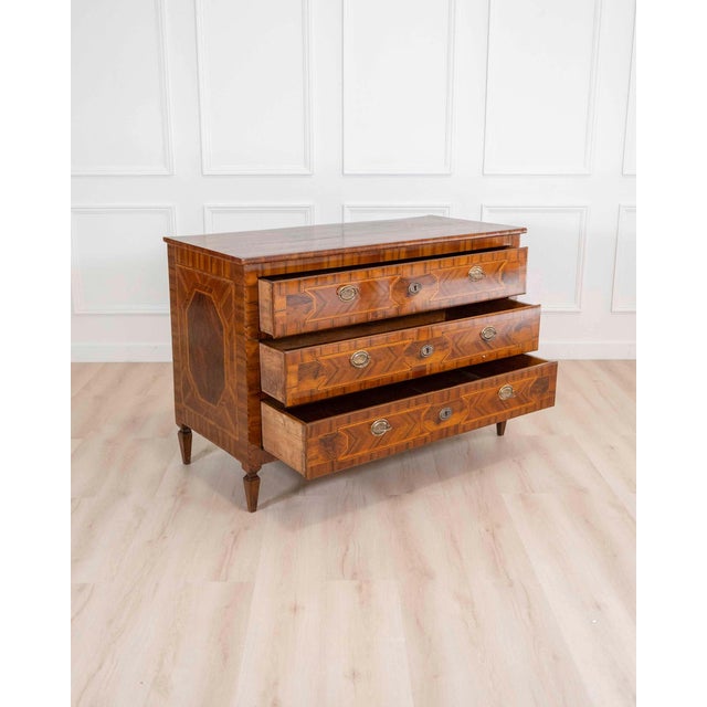 French Modenese 18th-century Louis XVI walnut chest of drawers with various woods For Sale - Image 3 of 9