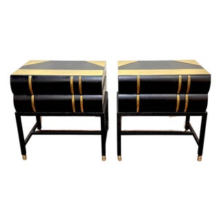 Pair 1960s Brass Mounted Wood & Iron Stacked Book End Tables, Hart Associates For Sale