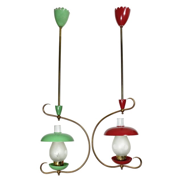 Green & Red Metal & Brass Pendant Light, Italy, 1950s, Set of 2 For Sale - Image 10 of 10