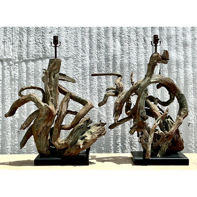 Taupe Vintage Boho Monumental Driftwood Lamps - A Pair For Sale - Image 8 of 9