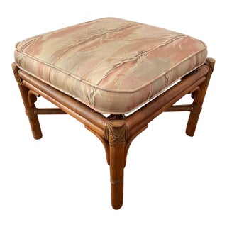 Vintage McGuire Square Ottoman With Leather Wraps and Brass Tag For Sale