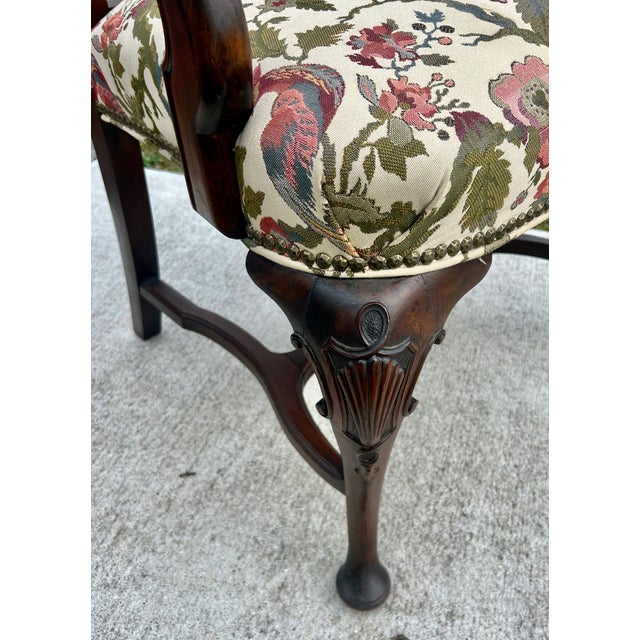 Antique Carved Walnut Queen Anne Style High Back Arm Chair W/Stretcher Base For Sale - Image 12 of 13