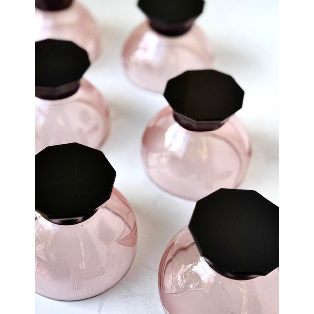 Pink 1930s Set of Art Deco Pink & Black Crystal Decanter & (6) Glasses. Czechoslovakia; Circa 1930 - Set of 7 For Sale - Image 8 of 8