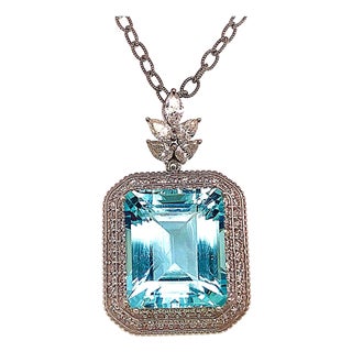 Natural Aquamarine Diamond Gold Necklace 27 TCW GIA Certified For Sale