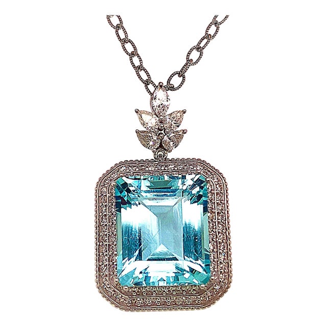 Natural Aquamarine Diamond Gold Necklace 27 TCW GIA Certified For Sale