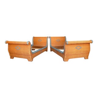 1960s Art Deco Grange Wicker Rattan Sleigh Twin Bed Frame-A Pair For Sale
