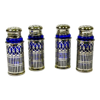 1940s Vintage Art Deco Hollywood Regency Cobalt & Silverplate Salt & Pepper Shakers - Set of 4 For Sale