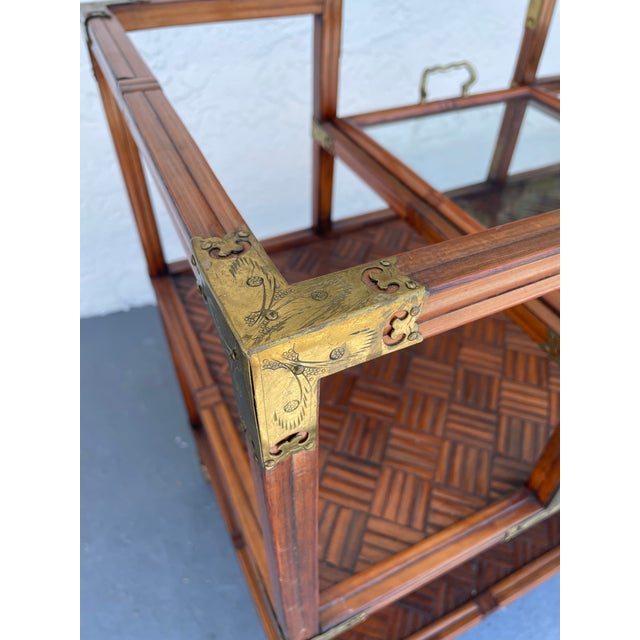 Vintage Korean Campaign Style Bar Cart With Brass Mounts & Parquet Shelves Georgian Furnishing Co. For Sale - Image 4 of 10