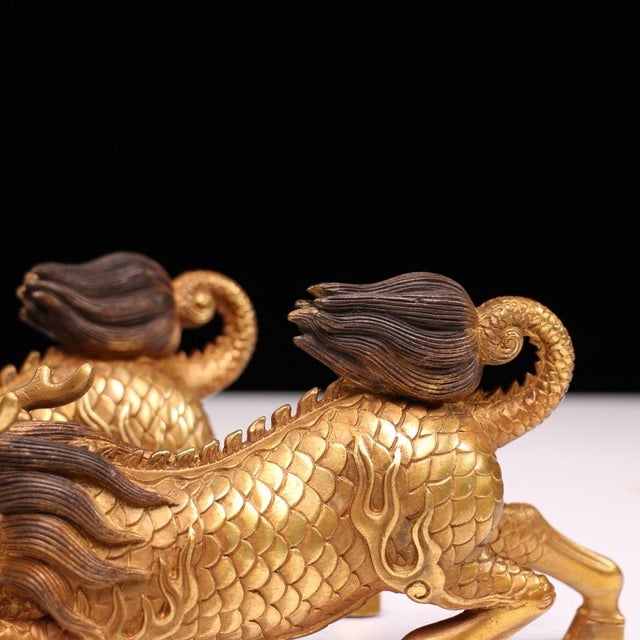 Solid Copper Gilt Pair of Golden Qilin Statues (Running Posture) - Auspicious Wealth-Drawing Bronze Qilin Figurines For Sale In Los Angeles - Image 6 of 9