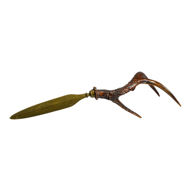 Impressive Large Antler Brass Desk Letter Opener Rustic Home Office Decor For Sale