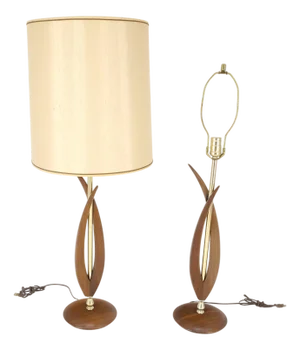Pair of Mid Century Modern Oiled Walnut Turned Bases c1970s Table Lamps MINT