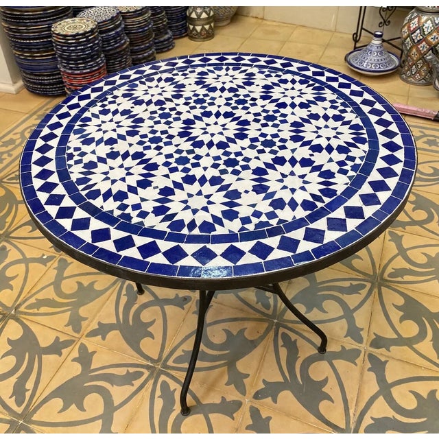 Metal Round Blue Mosaic Table With Moroccan Decor Art For Sale - Image 7 of 7