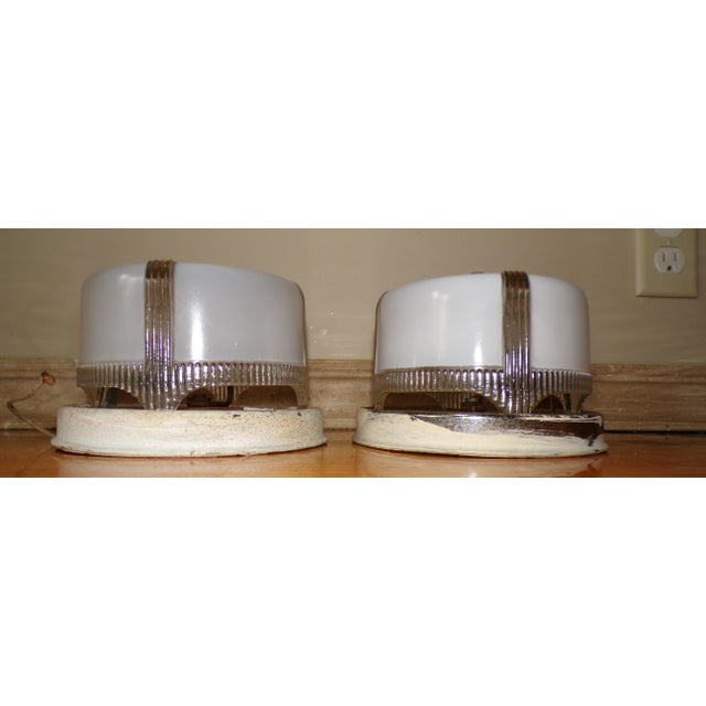 Vintage 1940's Art Deco Round Ceiling Light Fixture. Milk & Clear Glass Atomic Ceiling flush-mount fixture features smooth...