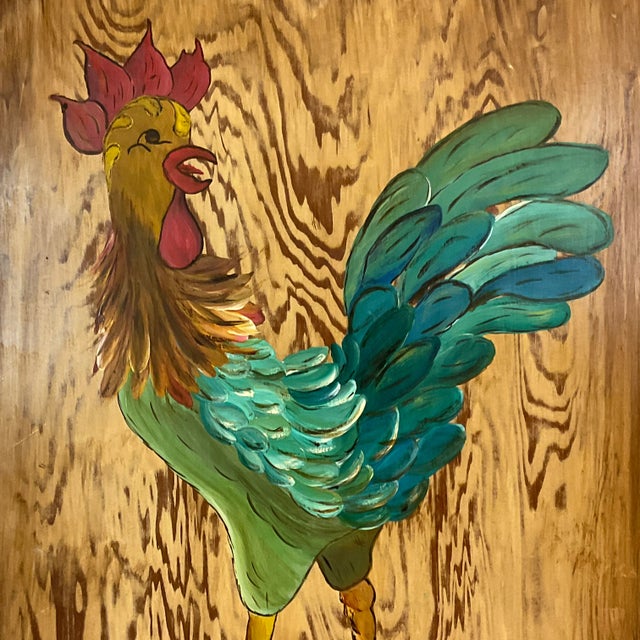 1970s Mid-Century Farmhouse Chic Original Acrylic Painting, Chicken on Pine Wood. For Sale - Image 6 of 12