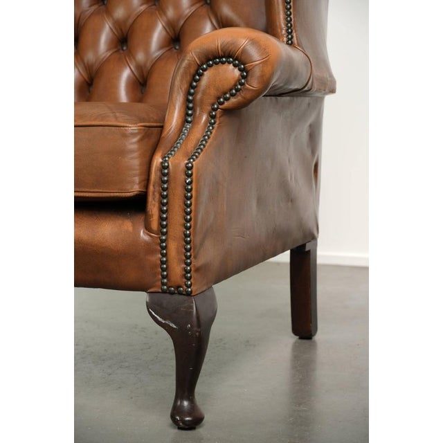 1990s Chesterfield Cowhide Wing Armchair In Light Brown For Sale - Image 5 of 13