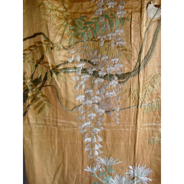 Orange Japanese 19 Century Silk Embroidery Birds and Wisteria Flowers For Sale - Image 8 of 15