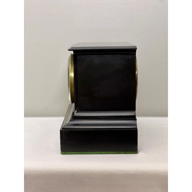 Late 19th Century Antique French Belgian Black Slate Mantle Clock With Open Escapement and Malachite Inlay For Sale - Image 5 of 15