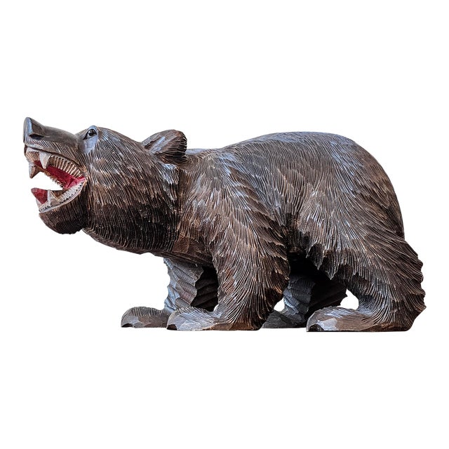 Large Antique Swiss Black Forest Bear Statue Folk Art Wood Carving For Sale