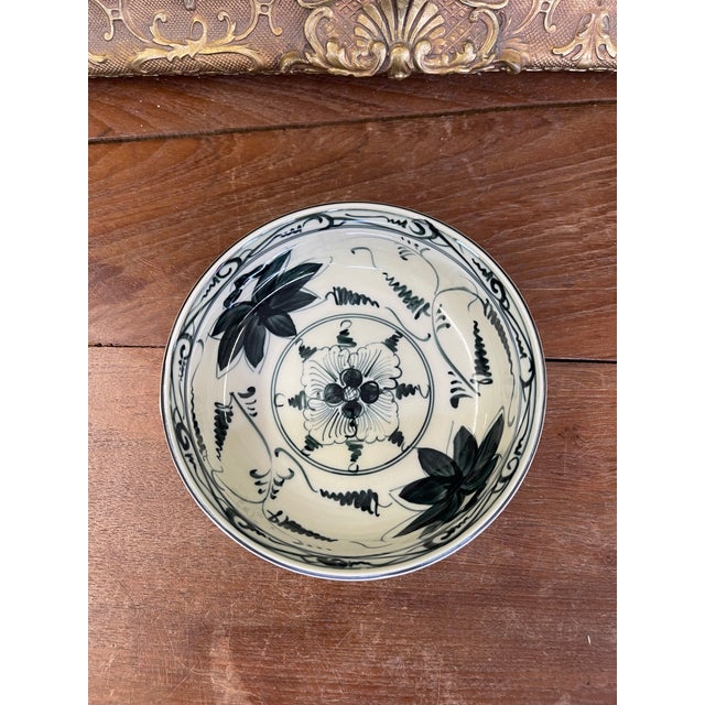 Green Vintage Bat Trang Vietnam Hand-Painted Ceramic Bowl With Green Relief Glaze and Floral Interior Design. For Sale - Image 8 of 8